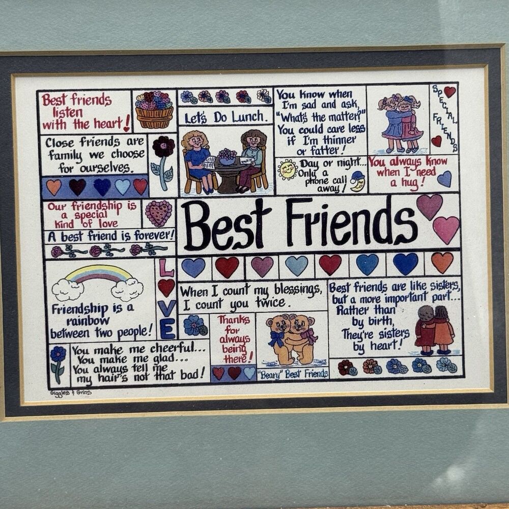 Giggles & Grins Wood Frame Matted Best Friends Print Friendship Love Kitschy Art - Picture 2 of 8